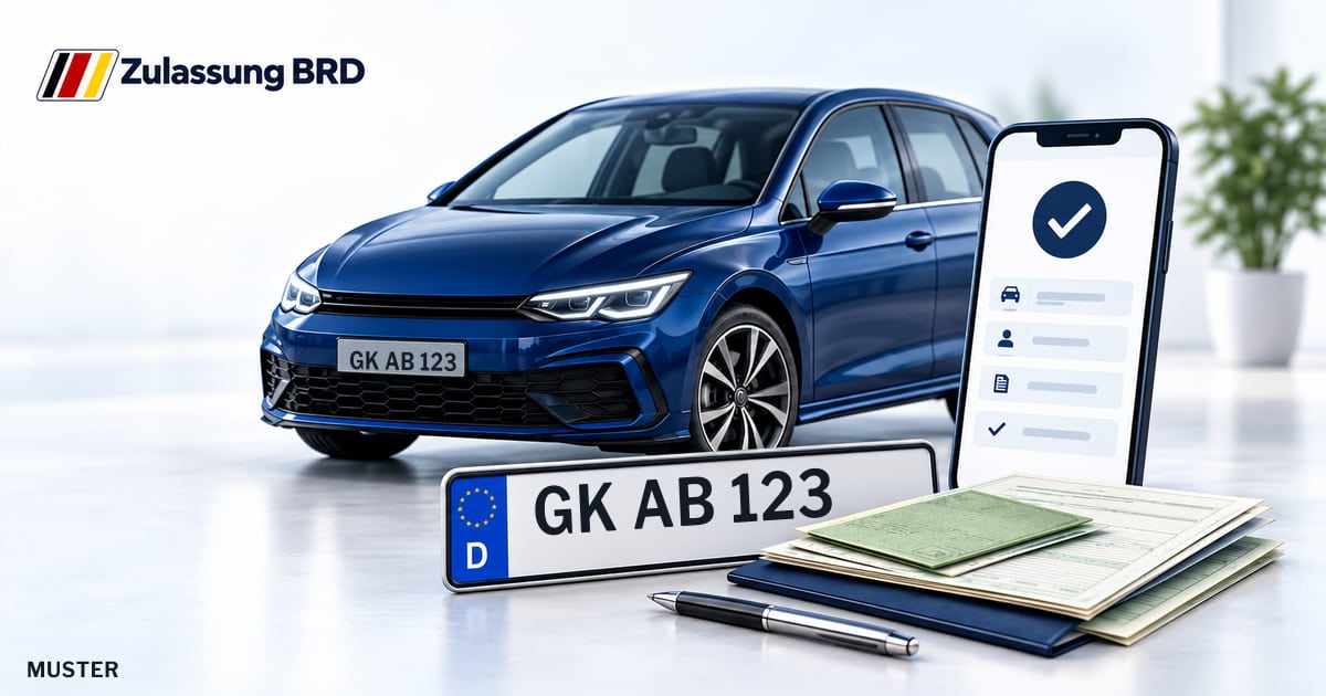 Online Fahrzeugzulassung in Heinsberg: Musterkennzeichen GK AB 123, Auto und Fahrzeugpapiere und Smartphone. Illustration mit Logo von Zulassung BRD.